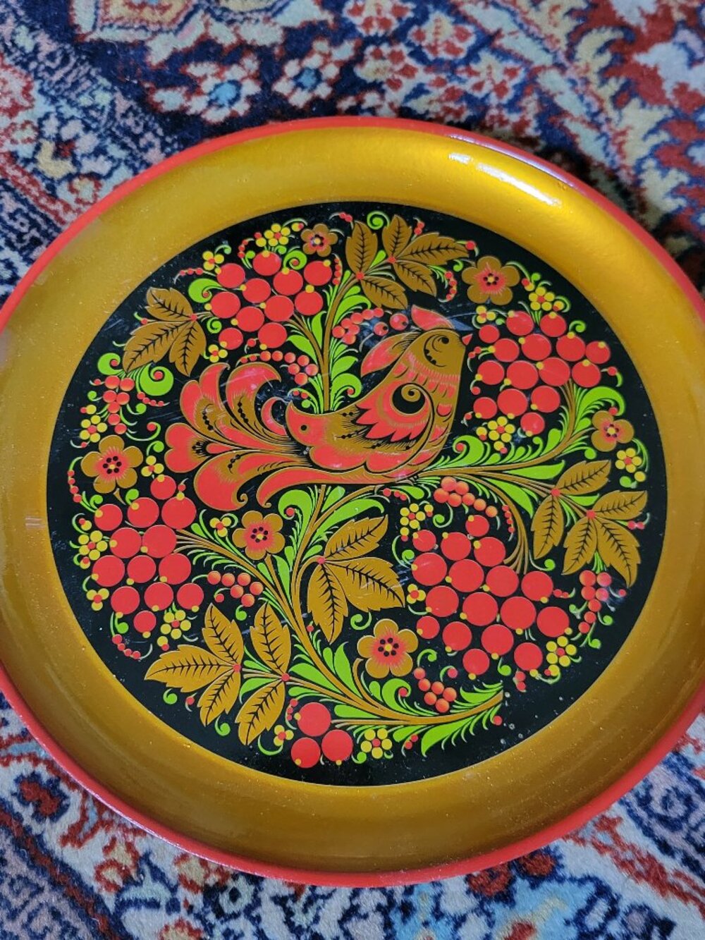 Vintage Russian Kholoma Wood Painted Firebird plate/tray for Display